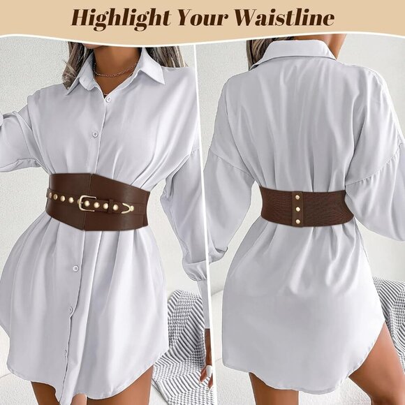 Women Elastic Chunky Stretchy Elegance Belt with Gold Rivets Buckle Daily Coffee main image 4